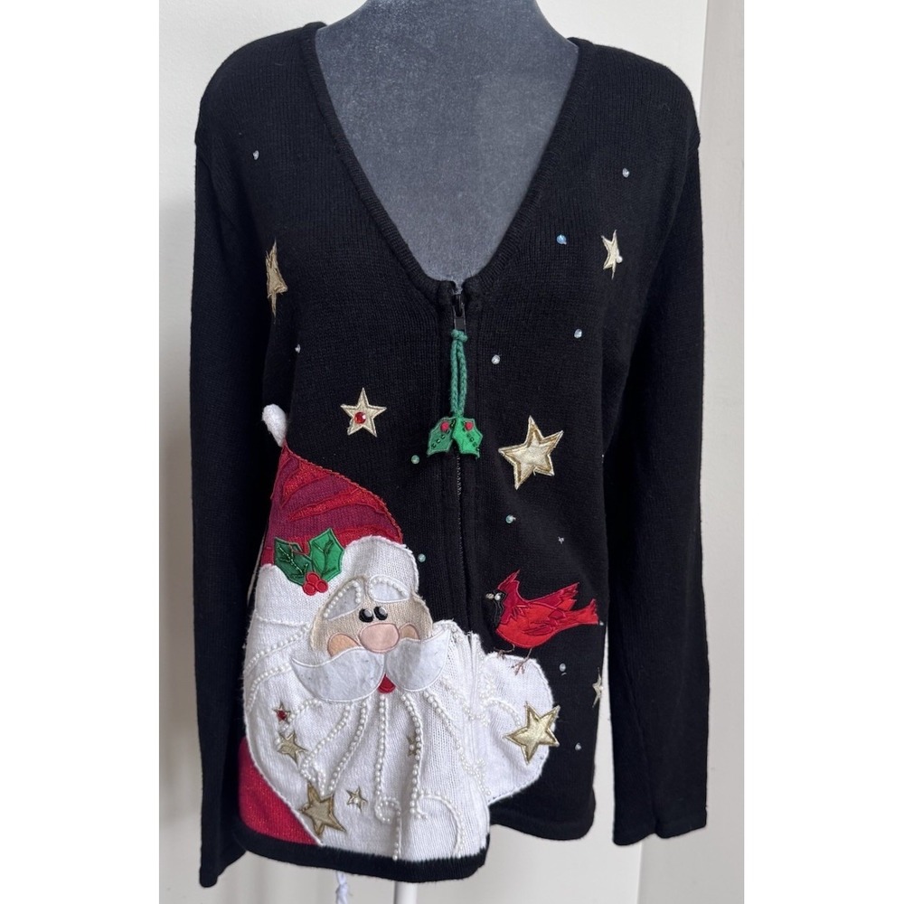 Vtg Christmas Cardigan Sweater XL Knit Full Zip Appliqué Cardinal Santa Novelty - Picture 10 of 16